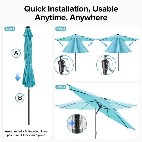 SHOUFTW 10FT Outdoor Patio Umbrella with Solar LED Lights, Push-Button Tilt Market Umbrella, Weather-Resistant 8-Rib Sun Shade for Patio, Garden, Backyard, Deck or Poolside