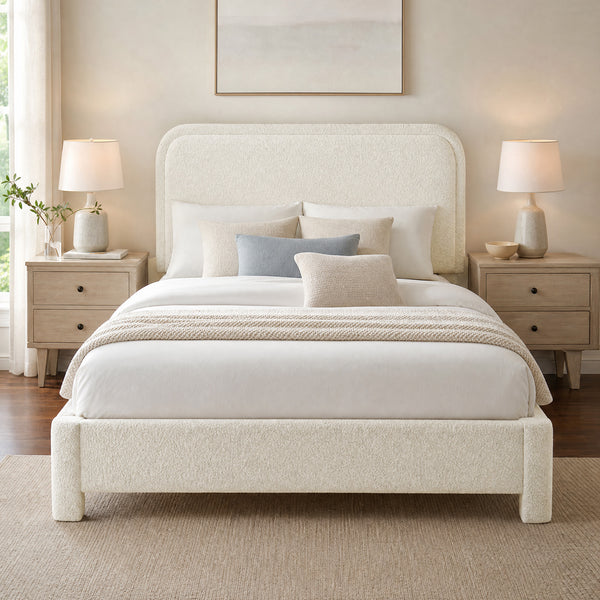 CONCETTA Bed Frame with Boucle Upholstery, Modern Platform Bed with Headboard, Soft Rounded Corners, No Box Spring Needed, Easy Assembly, White