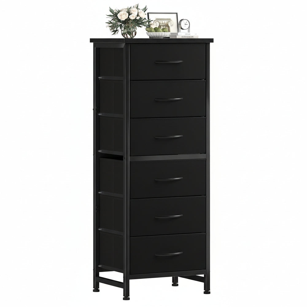 CONCETTA Tall Storage Dresser with 6 Fabric Drawers, Metal Frame with Cross Support Rods, Anti-Tip, Wood Top for Bedrooms, Offices and Compact Spaces