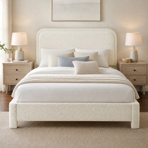 CONCETTA Bed Frame with Boucle Upholstery, Modern Platform Bed with Headboard, Soft Rounded Corners, No Box Spring Needed, Easy Assembly, White