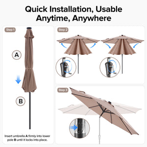 SHOUFTW 10FT Outdoor Patio Umbrella with Solar LED Lights, Push-Button Tilt Market Umbrella, Weather-Resistant 8-Rib Sun Shade for Patio, Garden, Backyard, Deck or Poolside