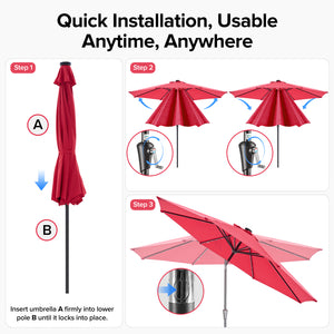 SHOUFTW 10FT Outdoor Patio Umbrella with Solar LED Lights, Push-Button Tilt Market Umbrella, Weather-Resistant 8-Rib Sun Shade for Patio, Garden, Backyard, Deck or Poolside
