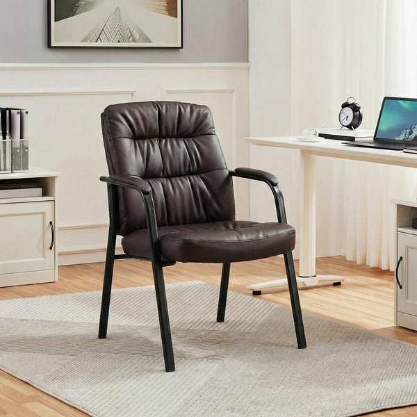 CONCETTA Big and Tall Guest Chair, Tufted Leather Heavy Duty Reception Chair with Padded Arms, for Office, Home, and Bedroom, Black, Brown