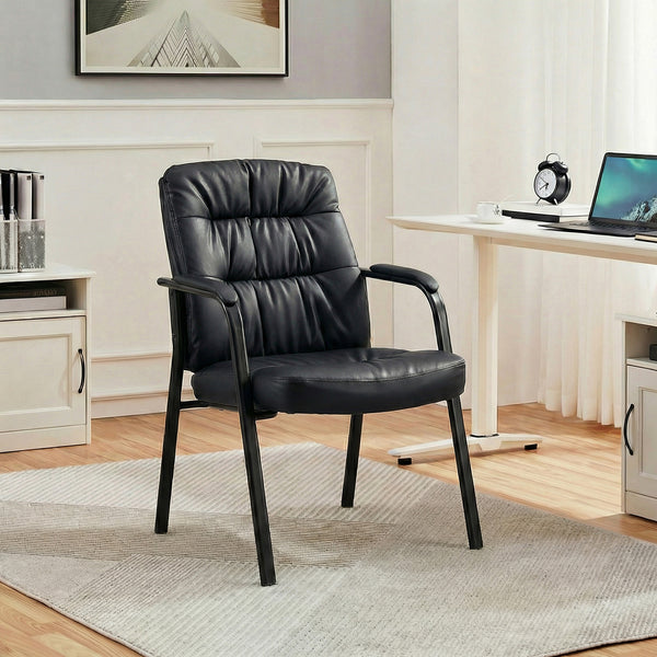 CONCETTA Big and Tall Guest Chair, Tufted Leather Heavy Duty Reception Chair with Padded Arms, for Office, Home, and Bedroom, Black, Brown