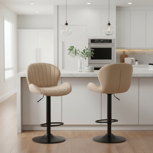 Set of 2 Swivel Bar Stools - Adjustable Height Modern Fabric Upholstered Barstools Counter Bar Chairs with Backrest for Kitchen Island & Home Bar, Beige