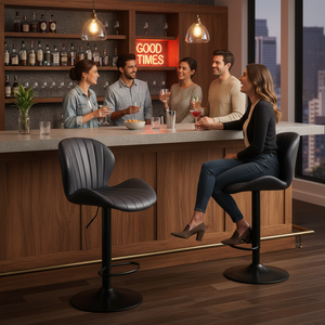 Set of 2 Swivel Bar Stools - Adjustable Height Modern Fabric Upholstered Barstools Counter Bar Chairs with Backrest for Kitchen Island & Home Bar, Black