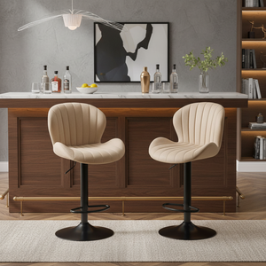 Set of 2 Swivel Bar Stools - Adjustable Height Modern Fabric Upholstered Barstools Counter Bar Chairs with Backrest for Kitchen Island & Home Bar, Beige