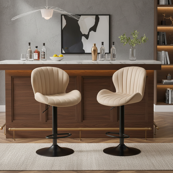Set of 2 Swivel Bar Stools - Adjustable Height Modern Fabric Upholstered Barstools Counter Bar Chairs with Backrest for Kitchen Island & Home Bar, Beige