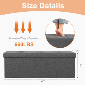 43" Foldable Storage Ottoman Bench, Multifunctional Footrest Stool for Bedroom, Living Room & Entryway, Supports up to 660 lbs, Gray