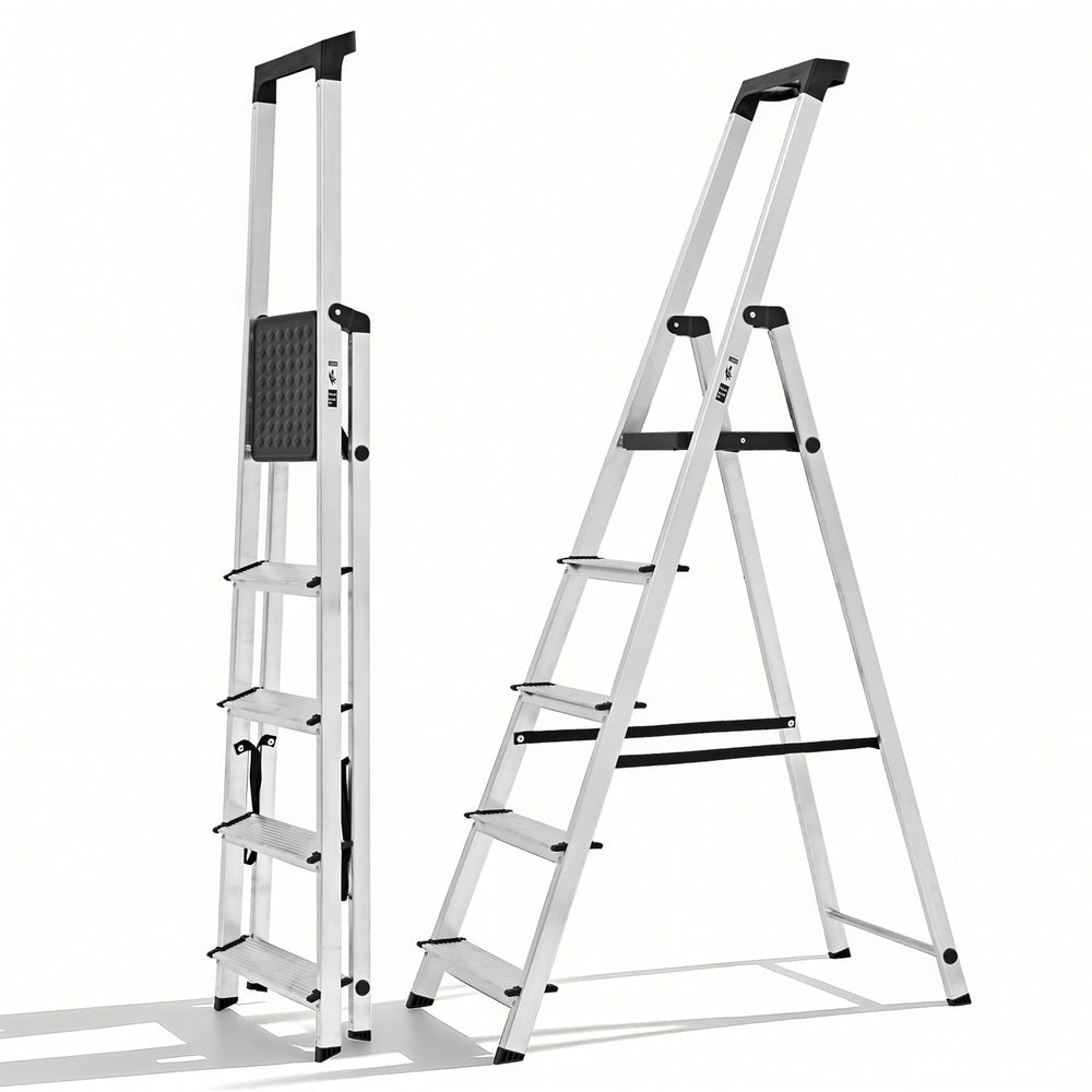 CONCETTA Step Herringbone Aluminium Ladder with Non-Slip Treads and Comfortable Handrails, Sturdy Steel Ladder, Portable Heavy Duty Stepstool for Garage and Outdoor Use