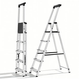 CONCETTA Step Herringbone Aluminium Ladder with Non-Slip Treads and Comfortable Handrails, Sturdy Steel Ladder, Portable Heavy Duty Stepstool for Garage and Outdoor Use
