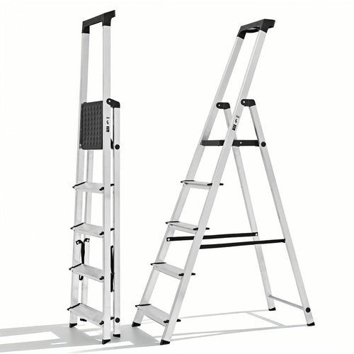 CONCETTA Step Herringbone Aluminium Ladder with Non-Slip Treads and Comfortable Handrails, Sturdy Steel Ladder, Portable Heavy Duty Stepstool for Garage and Outdoor Use