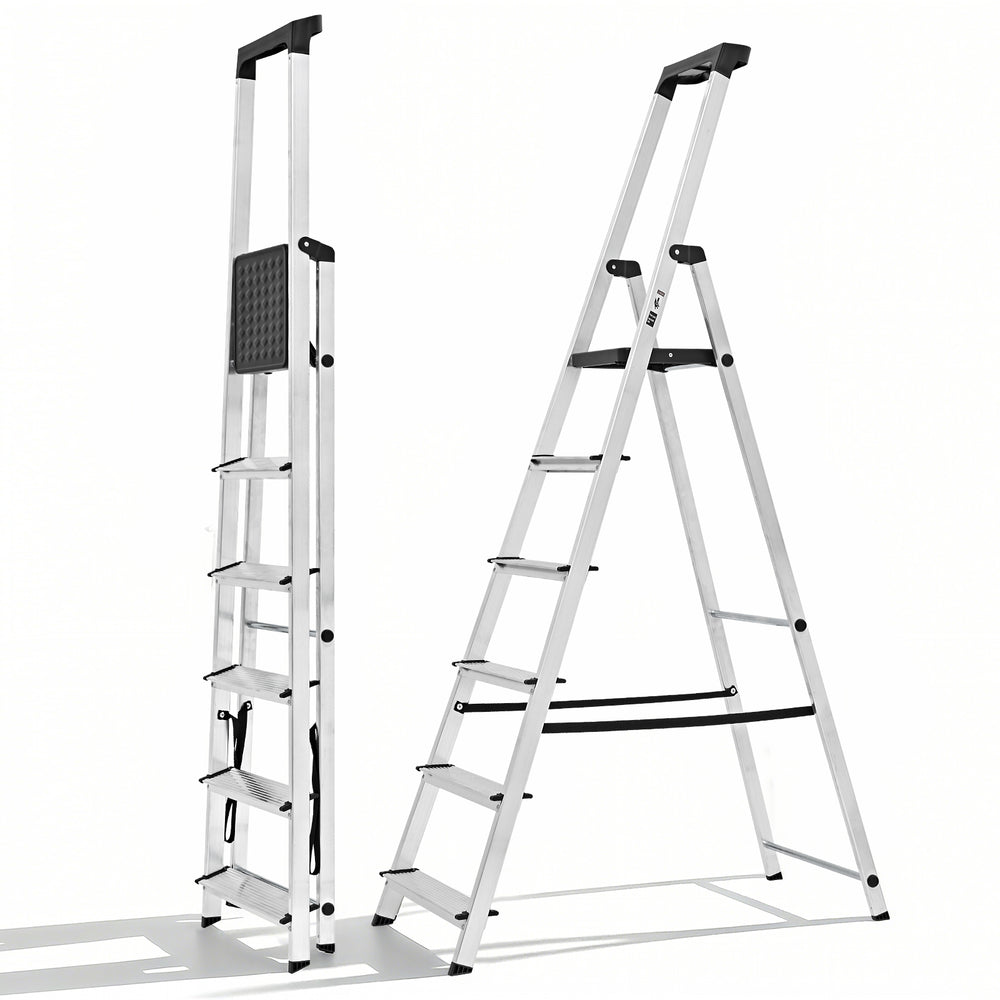 CONCETTA Step Herringbone Aluminium Ladder with Non-Slip Treads and Comfortable Handrails, Sturdy Steel Ladder, Portable Heavy Duty Stepstool for Garage and Outdoor Use