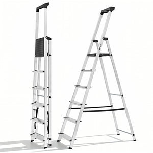 CONCETTA Step Herringbone Aluminium Ladder with Non-Slip Treads and Comfortable Handrails, Sturdy Steel Ladder, Portable Heavy Duty Stepstool for Garage and Outdoor Use