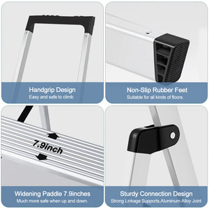 CONCETTA Step Herringbone Aluminium Ladder with Non-Slip Treads and Comfortable Handrails, Sturdy Steel Ladder, Portable Heavy Duty Stepstool for Garage and Outdoor Use