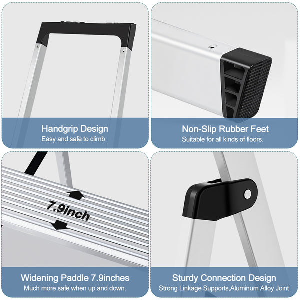 CONCETTA Step Herringbone Aluminium Ladder with Non-Slip Treads and Comfortable Handrails, Sturdy Steel Ladder, Portable Heavy Duty Stepstool for Garage and Outdoor Use