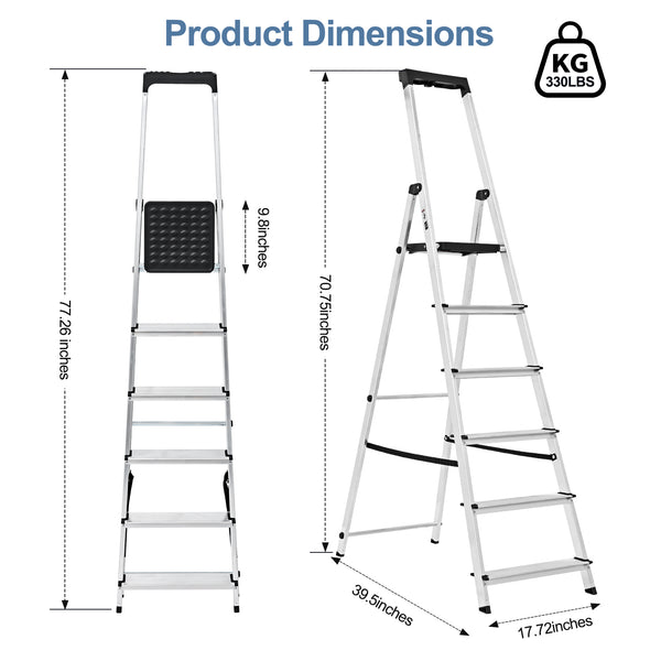 CONCETTA Step Herringbone Aluminium Ladder with Non-Slip Treads and Comfortable Handrails, Sturdy Steel Ladder, Portable Heavy Duty Stepstool for Garage and Outdoor Use