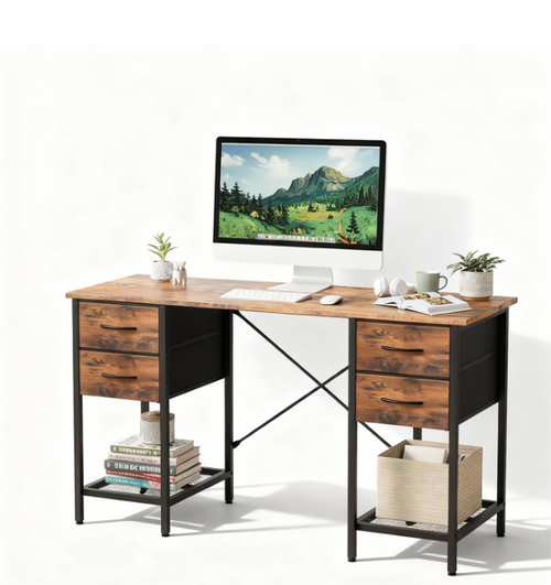 55 Inch Computer Desk with 4 Drawers & Mesh Shelf, Rustic Brown Office Desk, Storage Work Desk for Home Office, Gaming & Study, Flexible Setup, Large Desktop