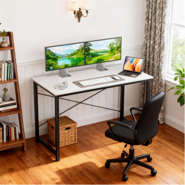 CONCETTA 40-47 Inch Computer Desk, Small Home Office Desk for Small Spaces, Study Writing Table for Students & Kids, Modern Simple Style Workstation with Metal Frame for Bedroom, Office