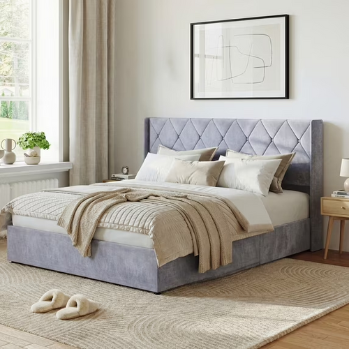 CONCETTA Metal full-size lift storage bed, modern wing-style headboard, velvet soft cushions, hydraulic support, no need for spring box, gray