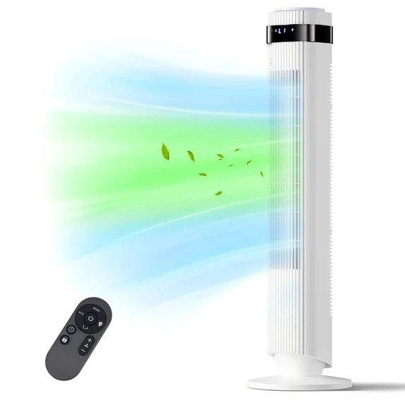 SHOUFTW Tower Fan Standing Bladeless, 23ft/s Velocity Quiet, 64° Oscillating with 5 Speeds, 4 Modes, 12H Timer for Indoor Bedroom