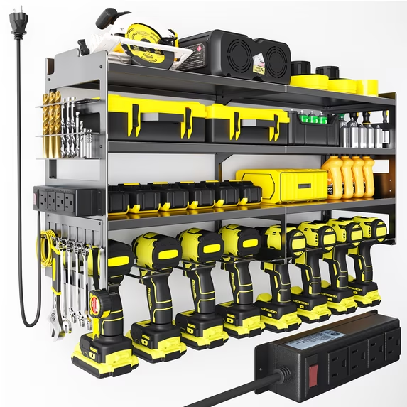 SHOUFTW Power Tool Organizer Wall Mount, 4-Tier Garage Storage Rack with Charging Station, 600 LB Heavy Duty Metal Tool Holder with Drill Slots and Hooks for Workshop