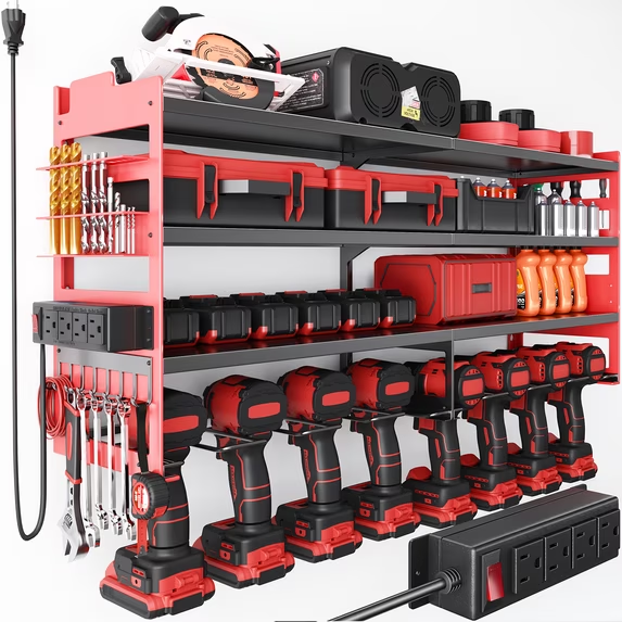 SHOUFTW Power Tool Organizer Wall Mount, 4-Tier Garage Storage Rack with Charging Station, 600 LB Heavy Duty Metal Tool Holder with Drill Slots and Hooks for Workshop