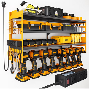 SHOUFTW Power Tool Organizer Wall Mount, 4-Tier Garage Storage Rack with Charging Station, 600 LB Heavy Duty Metal Tool Holder with Drill Slots and Hooks for Workshop