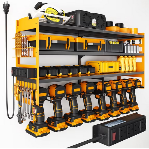 SHOUFTW Power Tool Organizer Wall Mount, 4-Tier Garage Storage Rack with Charging Station, 600 LB Heavy Duty Metal Tool Holder with Drill Slots and Hooks for Workshop