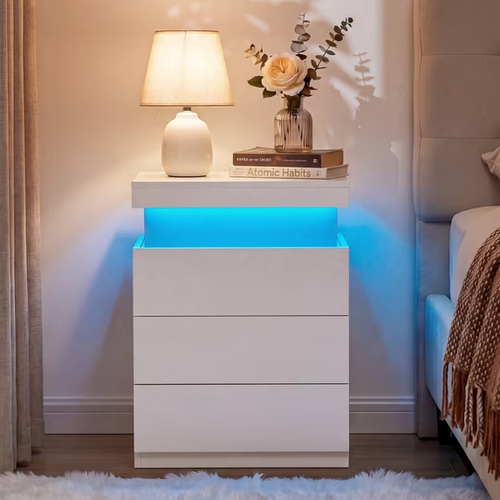 CONCETTA LED Nightstand with Charging Station, Modern 3 Drawer Bedside Table with Sliding Top and Hidden Storage for Bedroom and Office