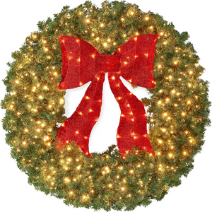 SHOUFTW Large Artificial Pre-Lit Fir Green Christmas Wreath Holiday Accent Decoration for Door, Mantel w/Red Lighted Bow