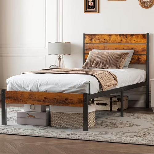 CONCETTA Metal Platform Bed Frame with Wooden Headboard & Footboard, No Box Spring Needed with 800LBS Sturdy Wooden Slats Support, Queen/Full/Twin Size