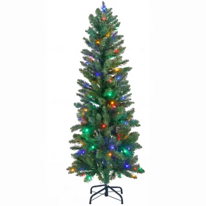 SHOUFTW Artificial Christmas Tree, Pre-Lit Green Pencil Tree with LED Lights, Metal Stand