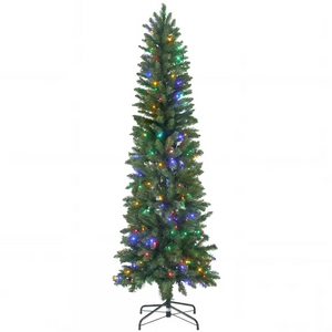 SHOUFTW Artificial Christmas Tree, Pre-Lit Green Pencil Tree with LED Lights, Metal Stand