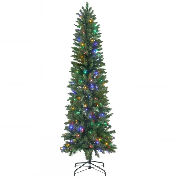 SHOUFTW Artificial Christmas Tree, Pre-Lit Green Pencil Tree with LED Lights, Metal Stand