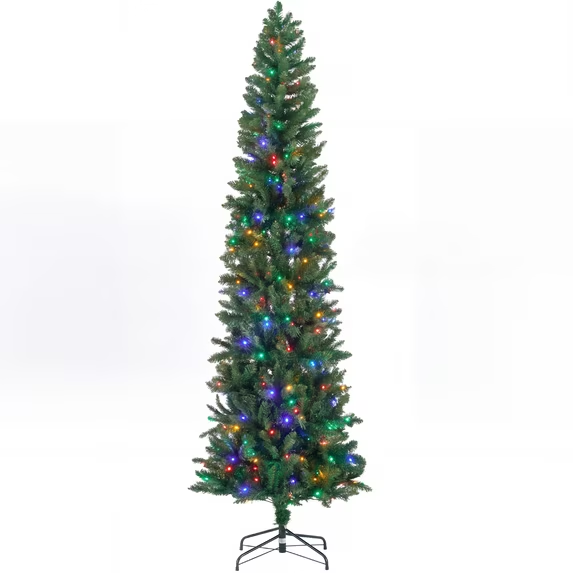 SHOUFTW Artificial Christmas Tree, Pre-Lit Green Pencil Tree with LED Lights, Metal Stand