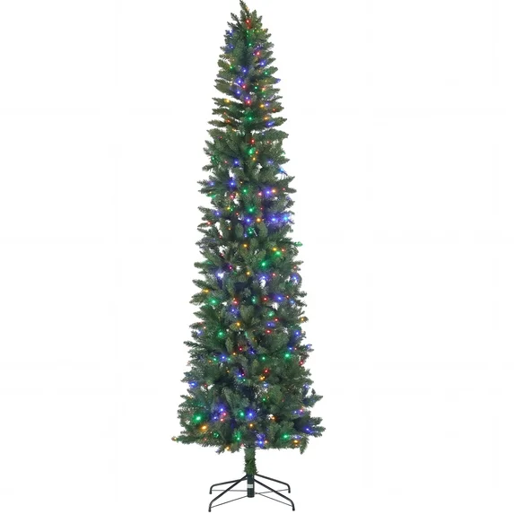 SHOUFTW Artificial Christmas Tree, Pre-Lit Green Pencil Tree with LED Lights, Metal Stand