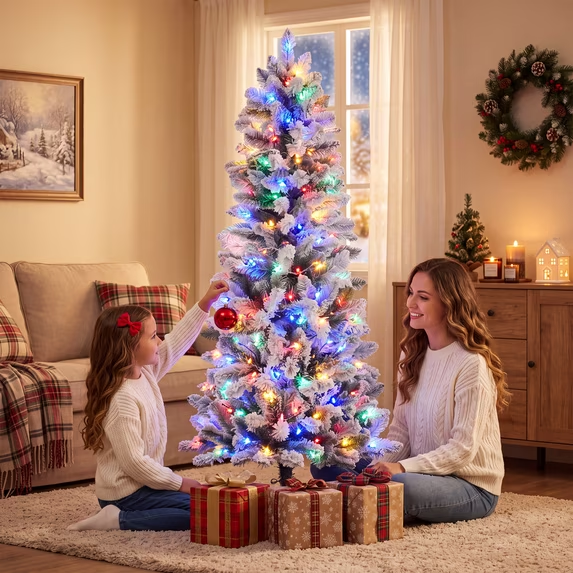 SHOUFTW Artificial Christmas Tree, Pre-Lit Green Pencil Tree with LED Lights, Metal Stand