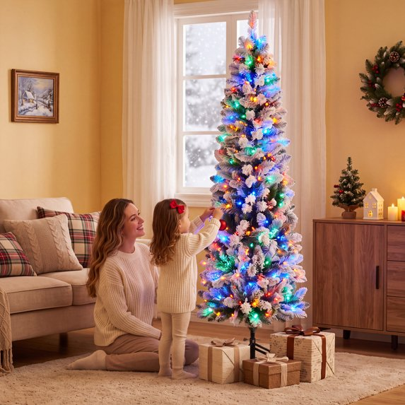 SHOUFTW Artificial Christmas Tree, Pre-Lit Green Pencil Tree with LED Lights, Metal Stand
