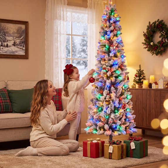 SHOUFTW Artificial Christmas Tree, Pre-Lit Green Pencil Tree with LED Lights, Metal Stand