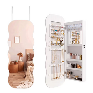 CONCETTA Mirror Jewelry Cabinet, Wavy Full-Length with 6 LED Lights, Lockable Wall or Door Mounted Jewelry Armoire Organizer