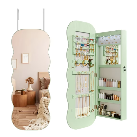 CONCETTA Mirror Jewelry Cabinet, Wavy Full-Length with 6 LED Lights, Lockable Wall or Door Mounted Jewelry Armoire Organizer