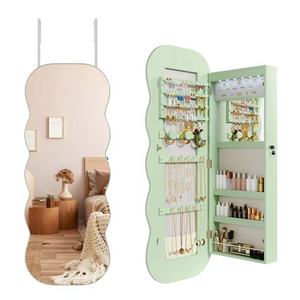 CONCETTA Mirror Jewelry Cabinet, Wavy Full-Length with 6 LED Lights, Lockable Wall or Door Mounted Jewelry Armoire Organizer