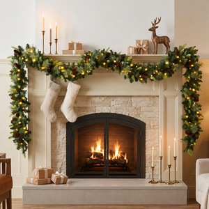 CONCETTA 9 ft Pre-Lit Christmas Decoration, Green Pine Garland with 100 LED Lights and Pinecones for Indoor Outdoor Fireplace Mantle Table Door Stairs Home Xmas Decor