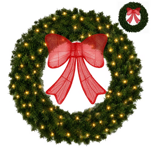 CONCETTA Pre-Lit Christmas Wreath Decoration, Pine Wreath with Warm White LED Lights and Red Bow