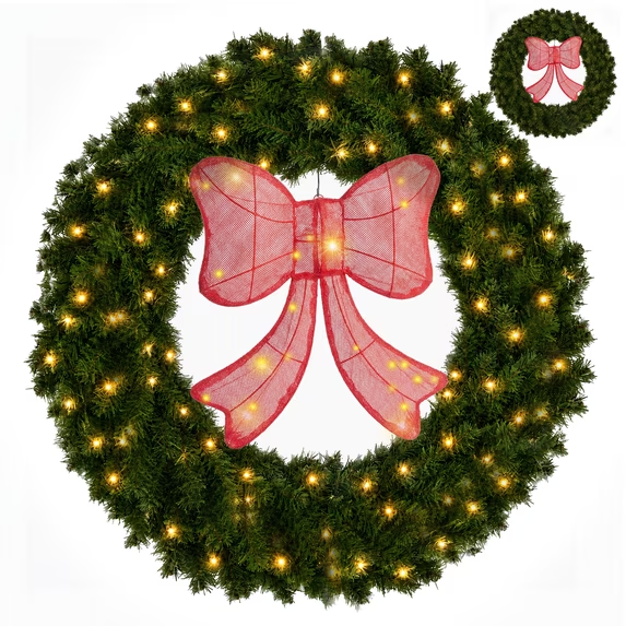 CONCETTA Pre-Lit Christmas Wreath Decoration, Pine Wreath with Warm White LED Lights and Red Bow