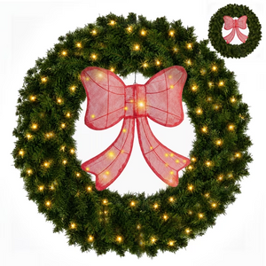 CONCETTA Pre-Lit Christmas Wreath Decoration, Pine Wreath with Warm White LED Lights and Red Bow