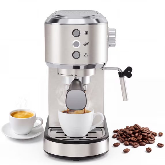 CONCETTA Espresso Machine, 12 Bar Compact Espresso Maker with Milk Frothing Steam Wand, 34 oz Removable Water Tank, Single and Double Shot, Stainless Steel, Silver