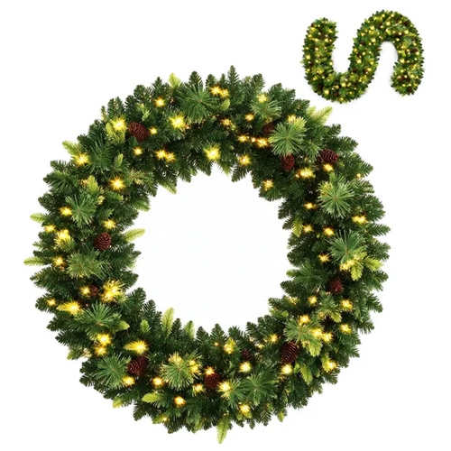 SHOUFTW 9FT Prelit Christmas Garland, Carolina Pine with 100 Warm White LED Lights, Pinecones, Green