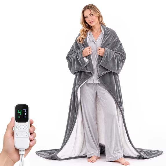 SHOUFTW Wearable Electric Heated Blanket with Sleeves, 10 Heat Levels and 1-9 Hour Timer, Machine Washable Flannel Heated Throw, 50 x 70 in
